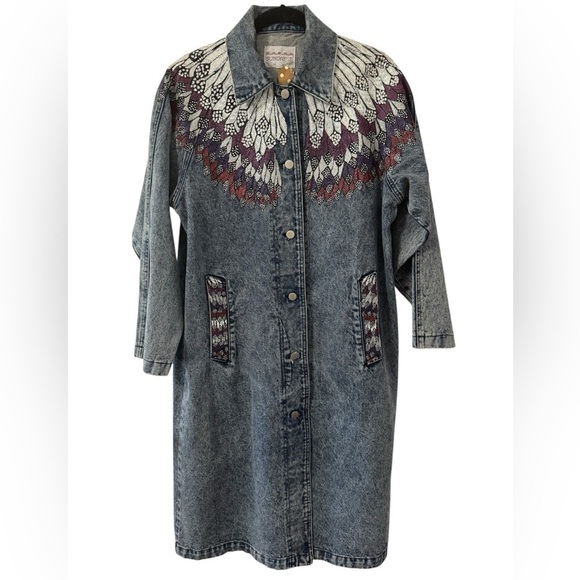 Vintage SUNDAY Blue Acid Wash Denim Coat – Embroidered Feather Detail – Size S - Picture 1 of 9